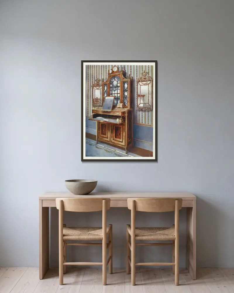 Satinwood och mahogny med inläggningar – toalettbyrå av Edwin Foley inramad på en vägg