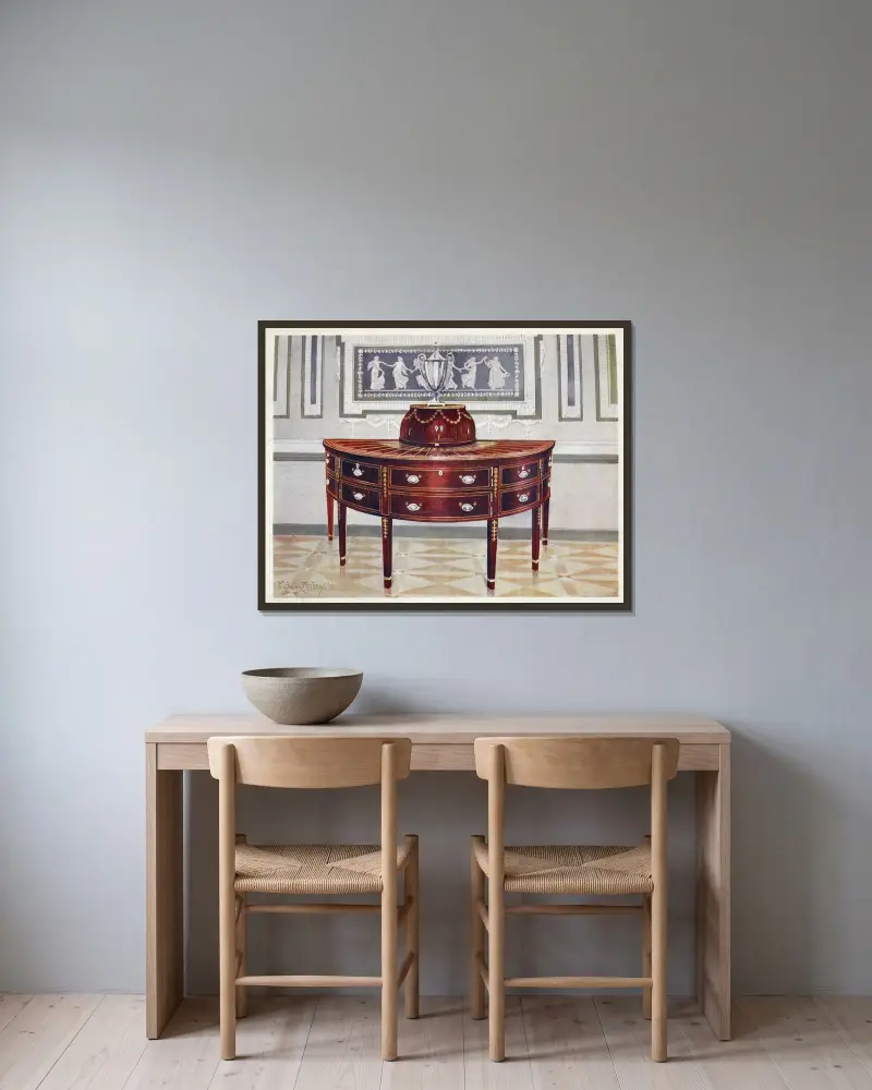 Semi-circular mahogany sideboard and knife-box. Inlaid and banded with satinwood, mahogany, and ebony av Edwin Foley inramad på en vägg