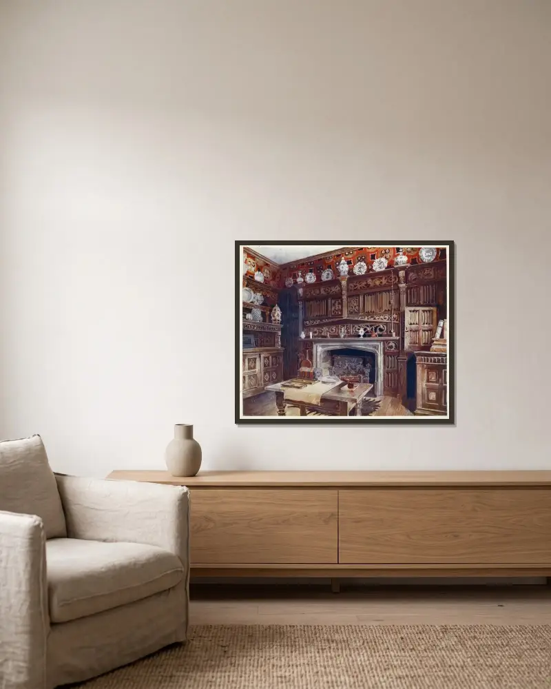The panelled study at Groombridge Place, Kent. By permission of the Misses Saint. av Edwin Foley inramad på en vägg