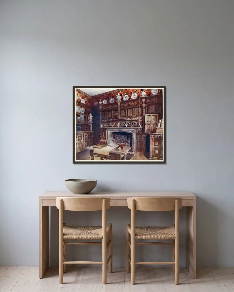The panelled study at Groombridge Place, Kent. By permission of the Misses Saint. av Edwin Foley inramad på en vägg