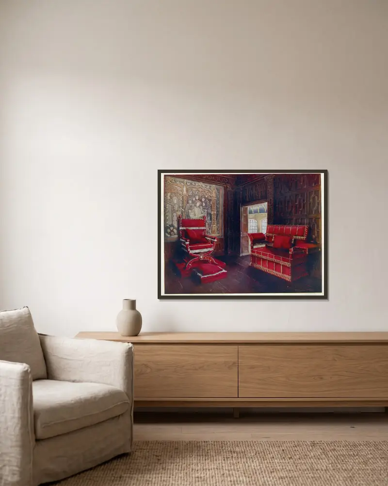 Upholstered chair and couch with adjustable ends av Edwin Foley inramad på en vägg
