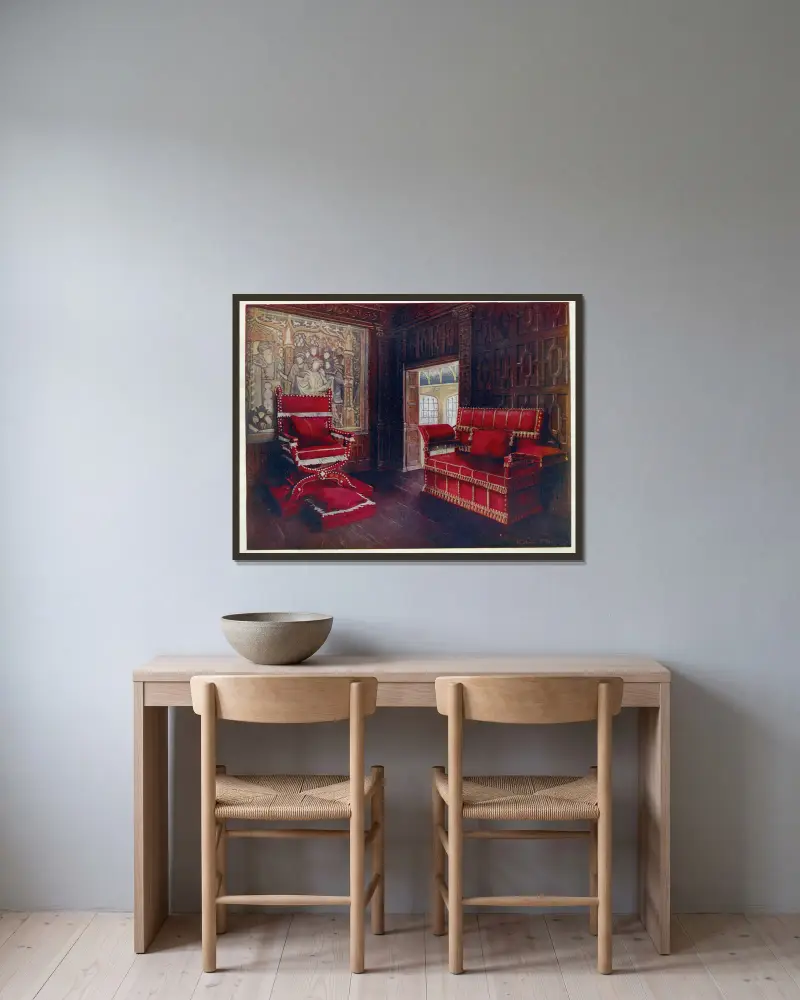 Upholstered chair and couch with adjustable ends av Edwin Foley inramad på en vägg