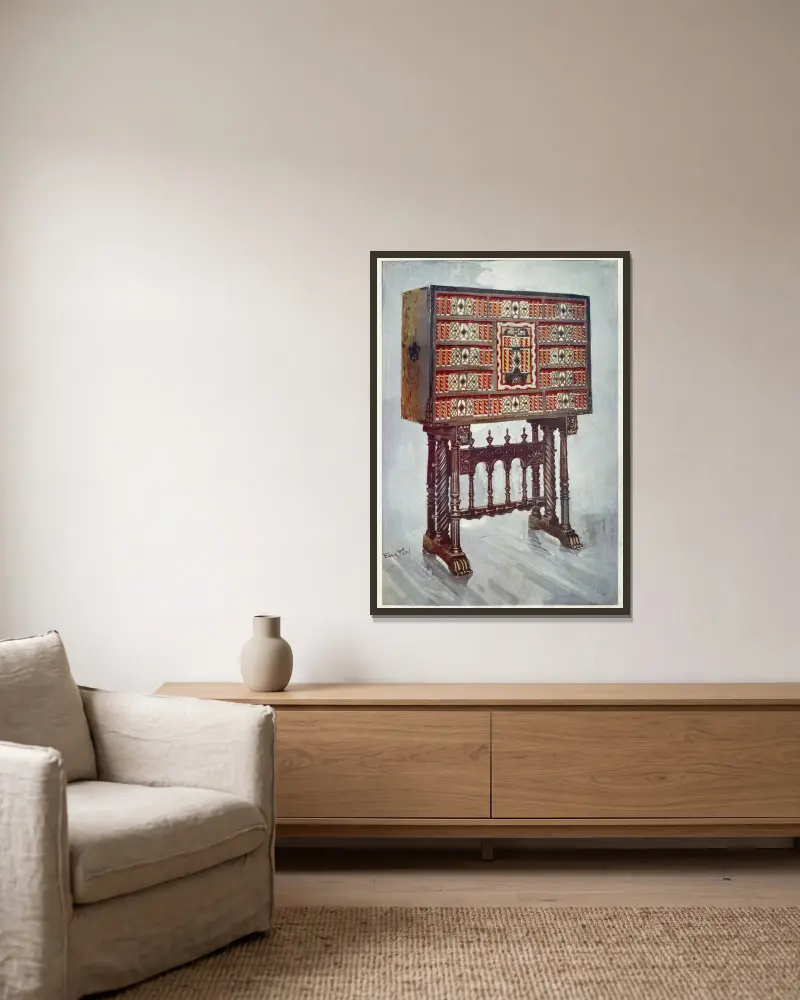 Vargueno cabinet of chestnut, ivory, etc., painted and gilt with wrought-iron and steel mounts av Edwin Foley inramad på en vägg