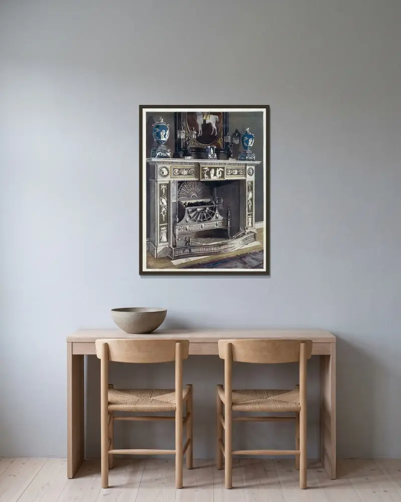 Wedgwood-Flaxman chimneypiece av Edwin Foley inramad på en vägg