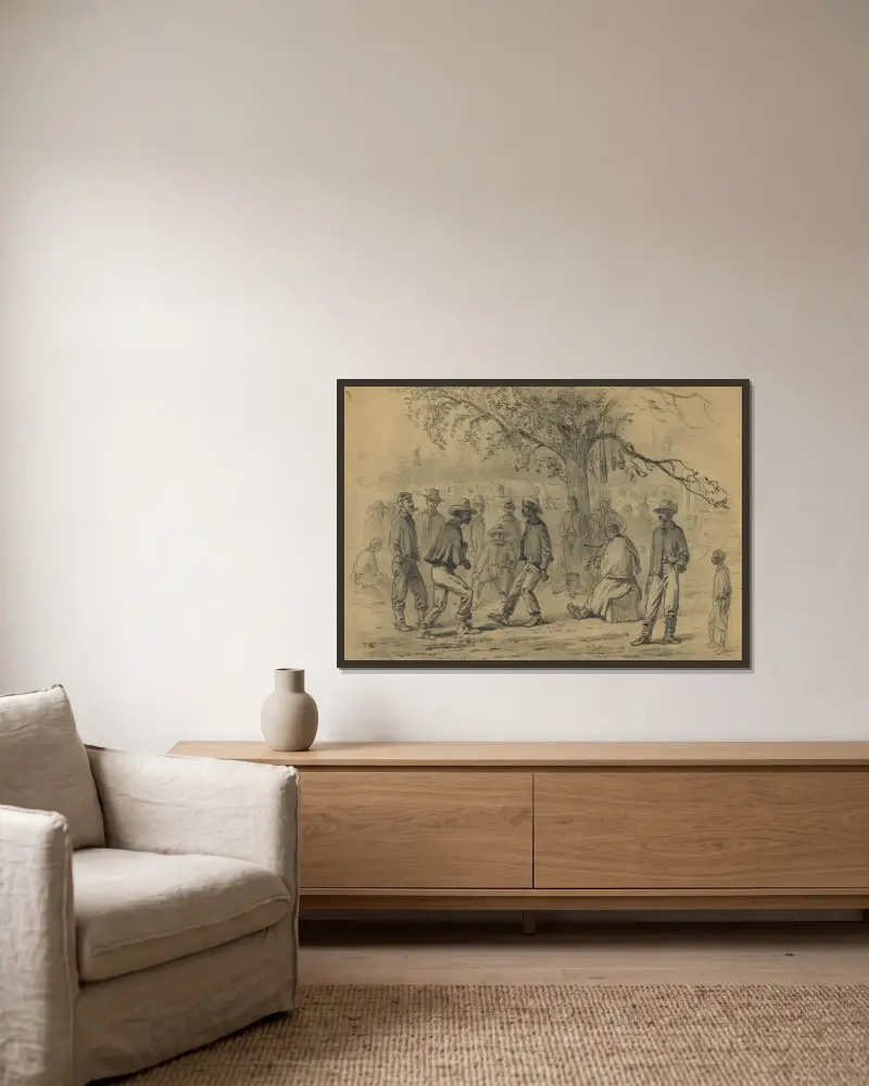 Ein Zusammenbruch im Lager der Fuhrleute von Edwin Forbes gerahmt an einer Wand
