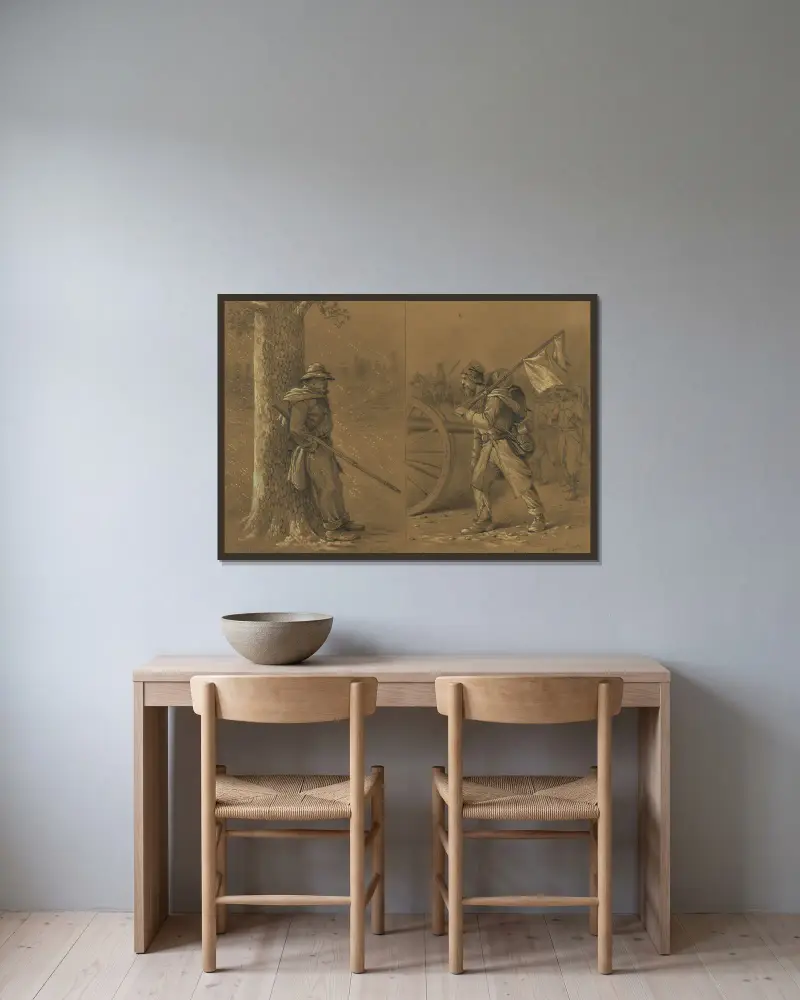 Ein regnerischer Tag auf Vorposten von Edwin Forbes gerahmt an einer Wand
