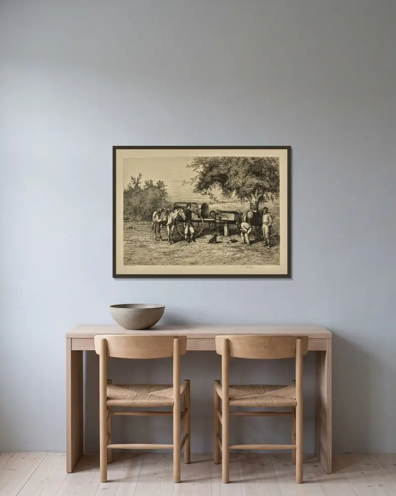 En armés smedja av Edwin Forbes inramad på en vägg