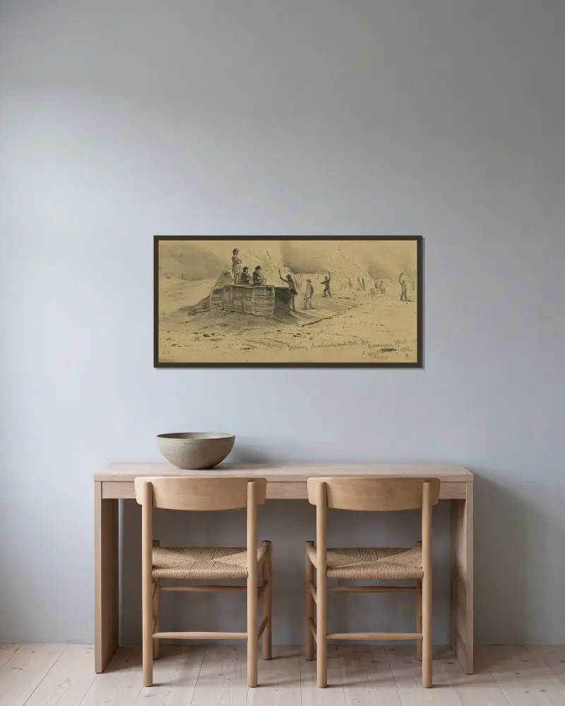 Brinnande skyttevärn och fort vid Manassas av Edwin Forbes inramad på en vägg