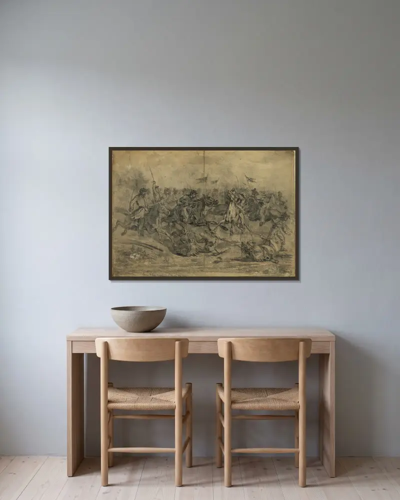 Kavallerieangriff bei Brandy Station, Va. von Edwin Forbes gerahmt an einer Wand