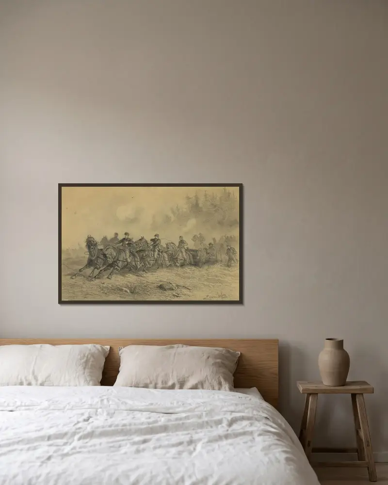 Hästar och artilleri av Edwin Forbes inramad på en vägg