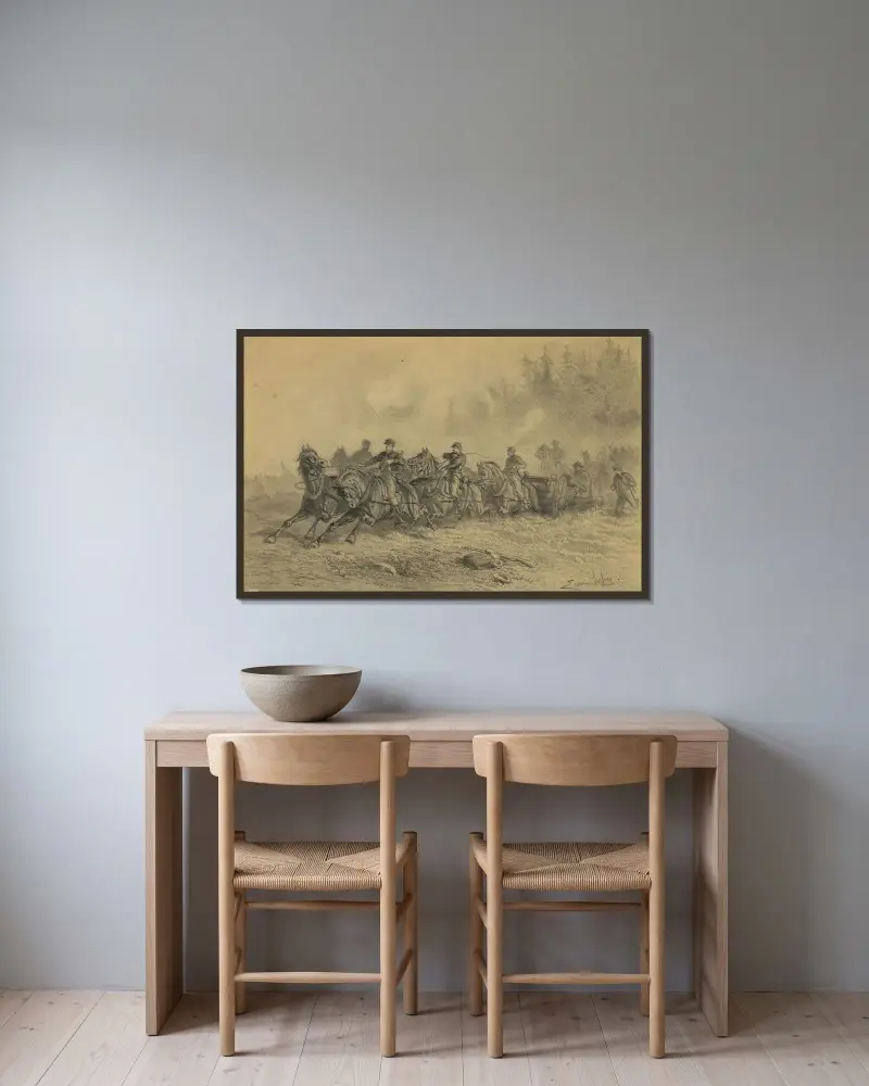 Hästar och artilleri av Edwin Forbes inramad på en vägg