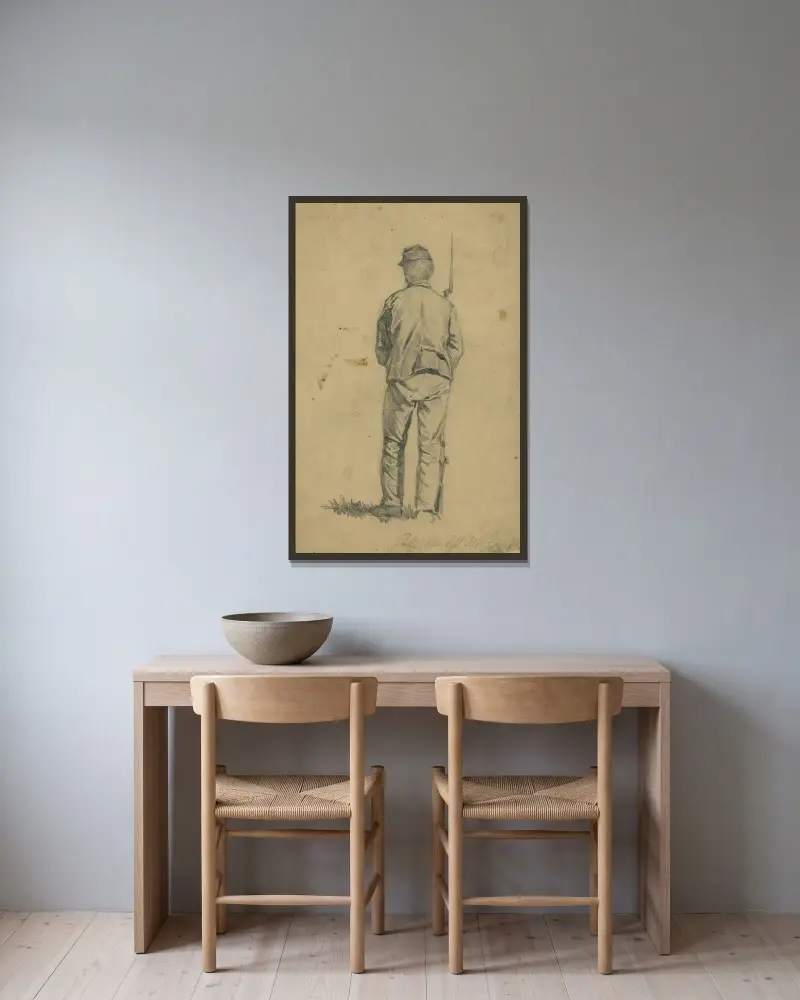 Vaktpost vid Culpeper Court House, Virginia av Edwin Forbes inramad på en vägg