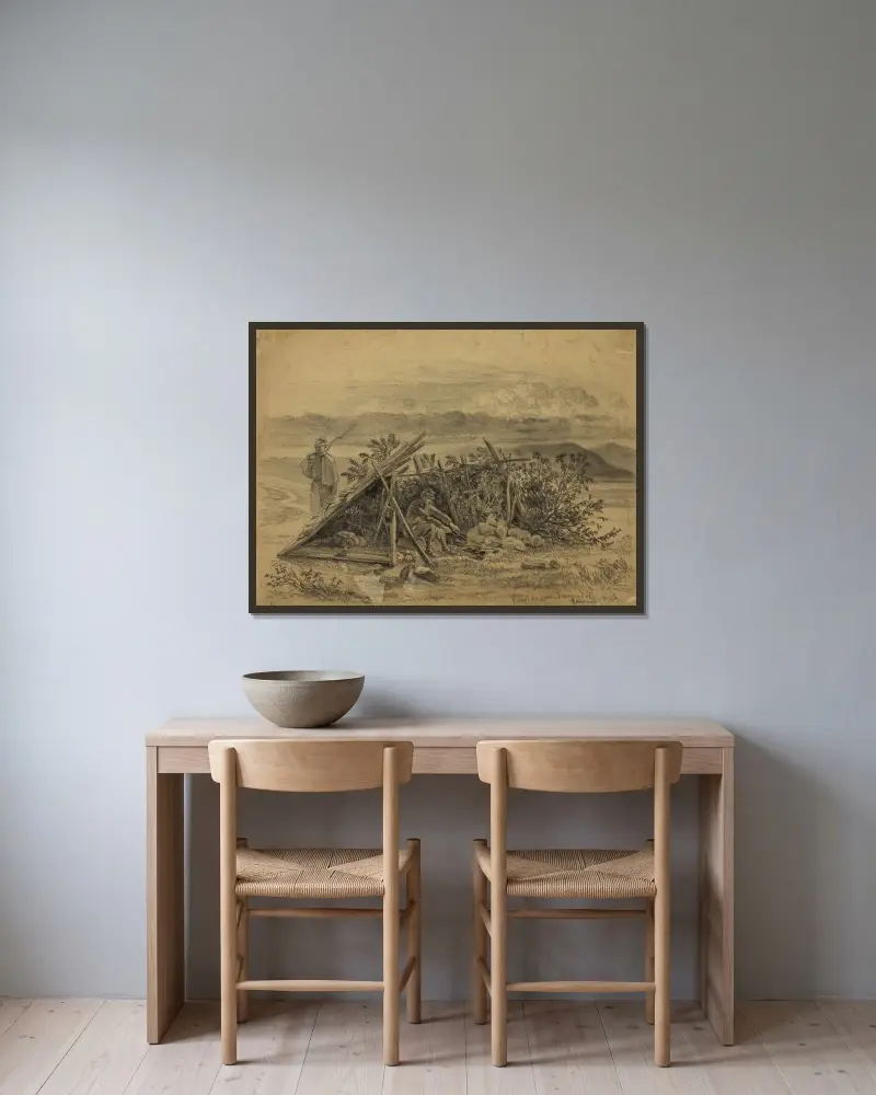 Picket hut, near Freemans Ford av Edwin Forbes inramad på en vägg