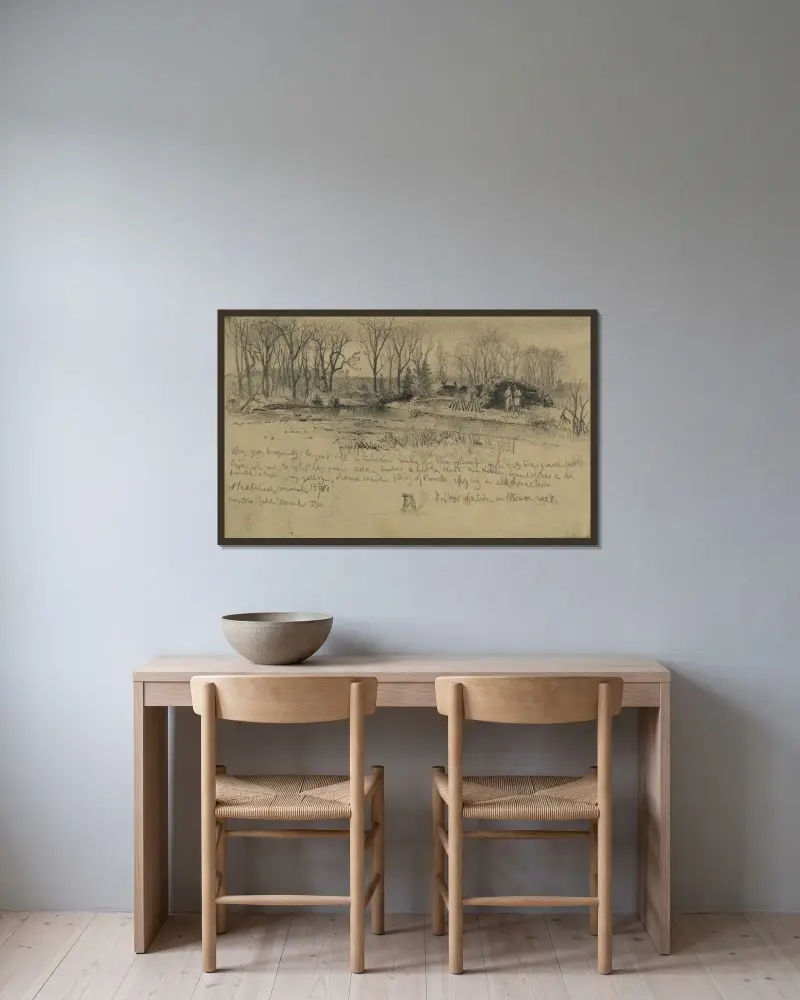 Piketstation vid Potomac Creek av Edwin Forbes inramad på en vägg