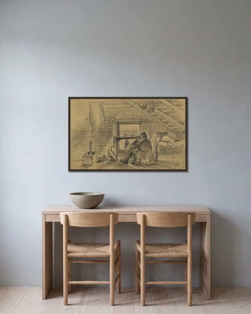 Signalofficiere auf dem Dachboden eines Bauernhauses, die Armee von General Lee bei Williamsport, Maryland, beobachten von Edwin Forbes gerahmt an einer Wand