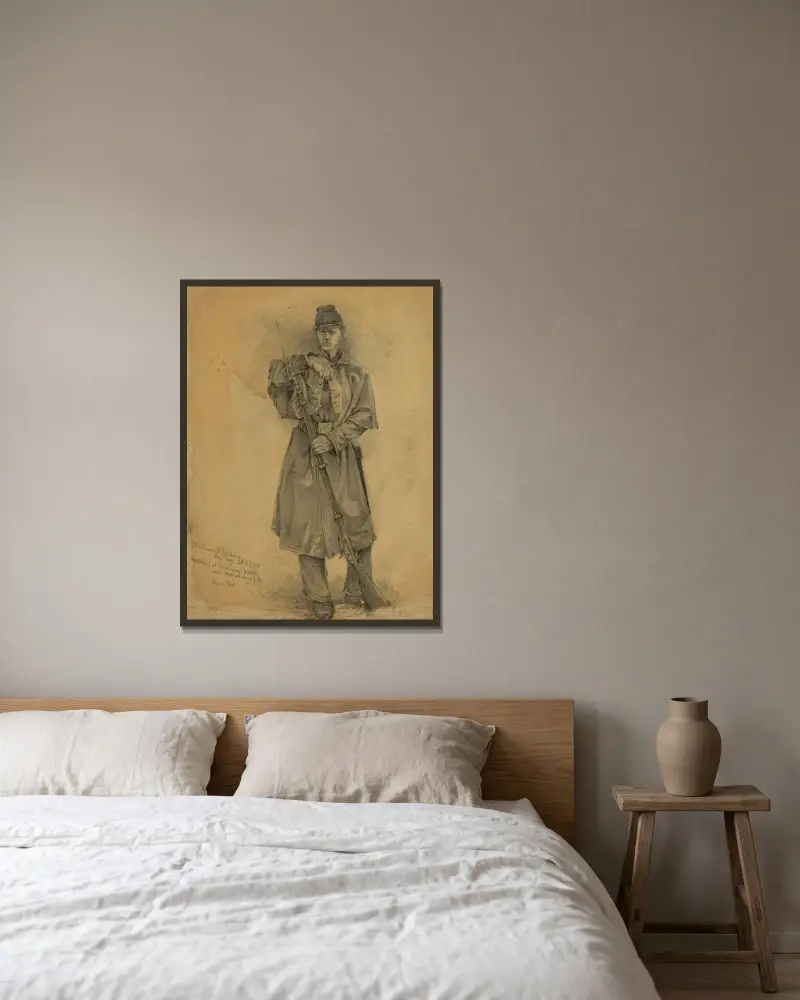 Studie eines Infanteristen auf Wache – William J. Jackson, Sergt. Maj. 12th N.Y. Vols. von Edwin Forbes gerahmt an einer Wand