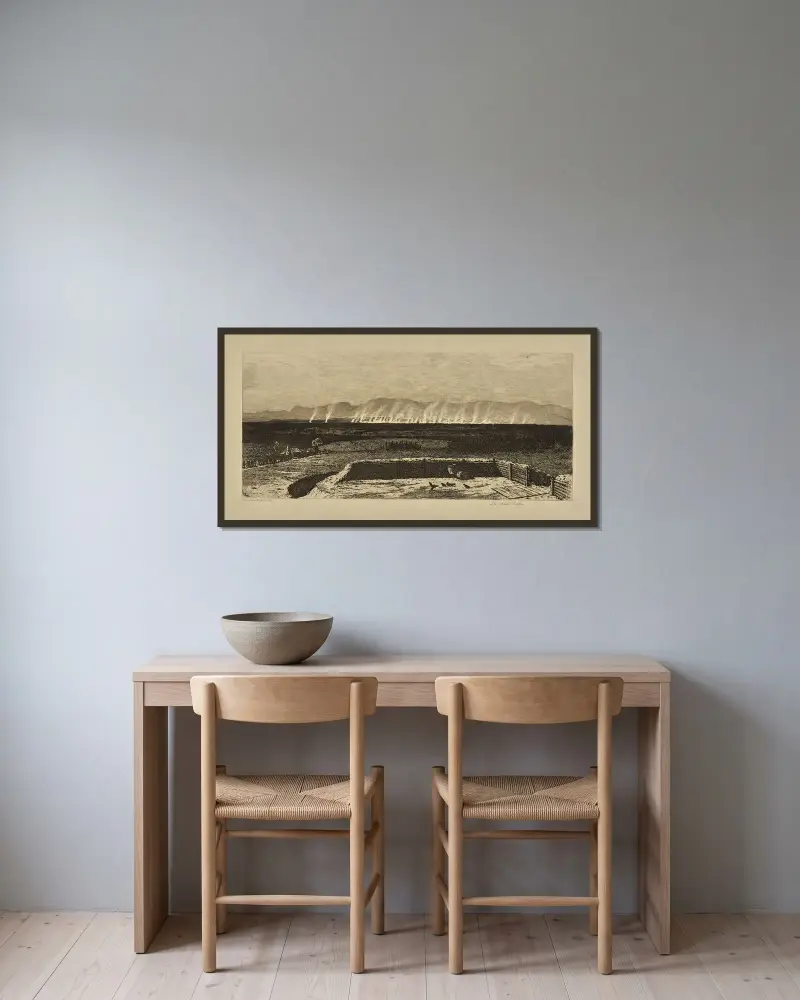 Die ferne Schlacht von Edwin Forbes gerahmt an einer Wand