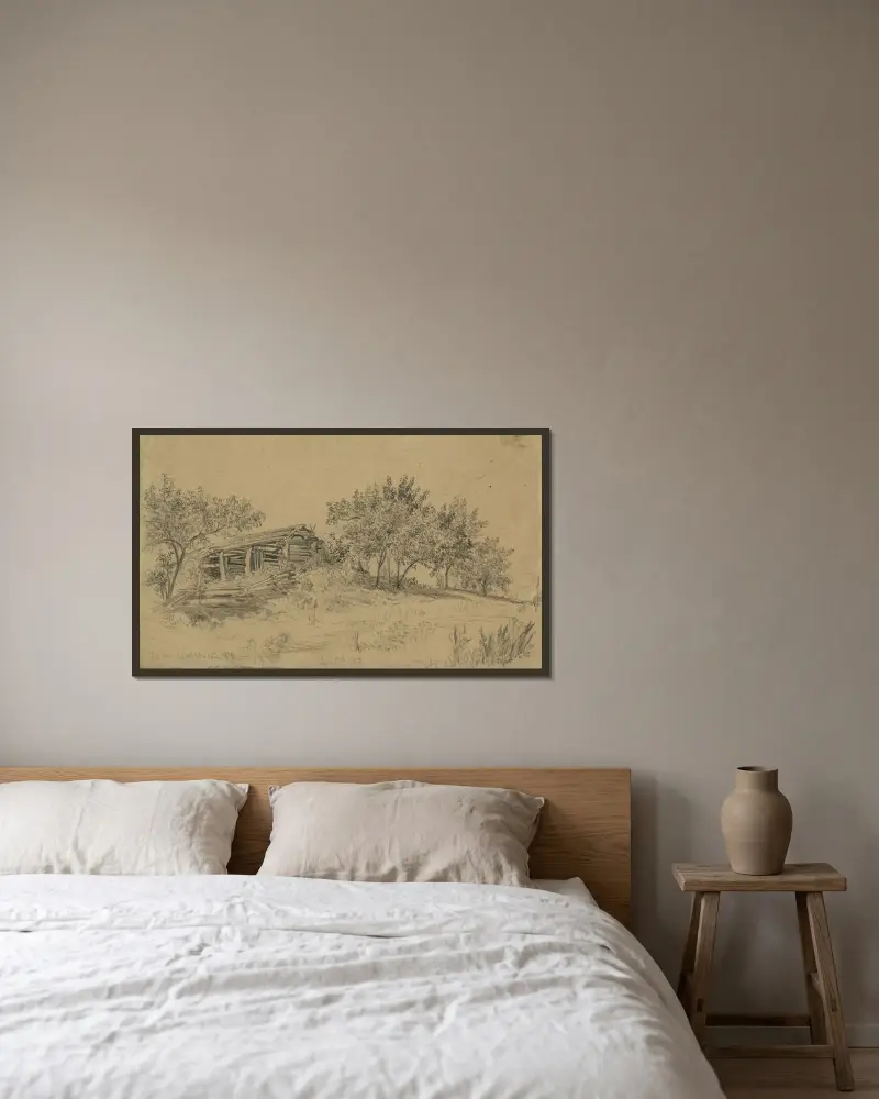 Die alte Scheune von Edwin Forbes gerahmt an einer Wand