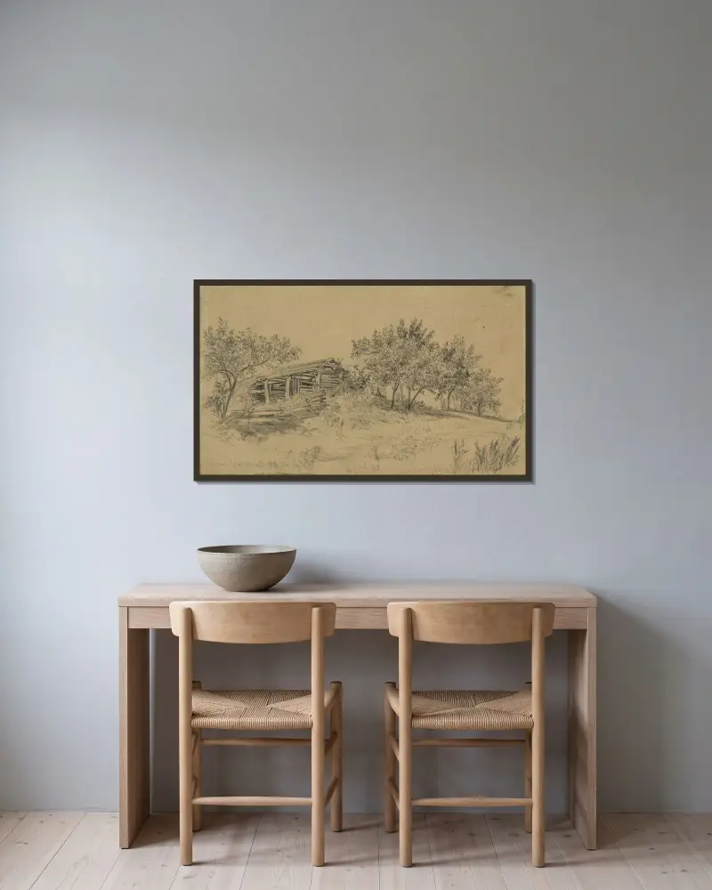 Die alte Scheune von Edwin Forbes gerahmt an einer Wand