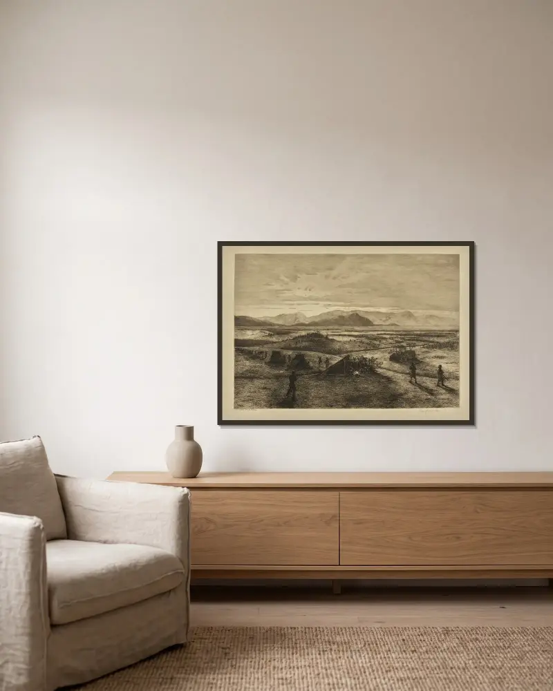 Die Vorpostenlinie von Edwin Forbes gerahmt an einer Wand
