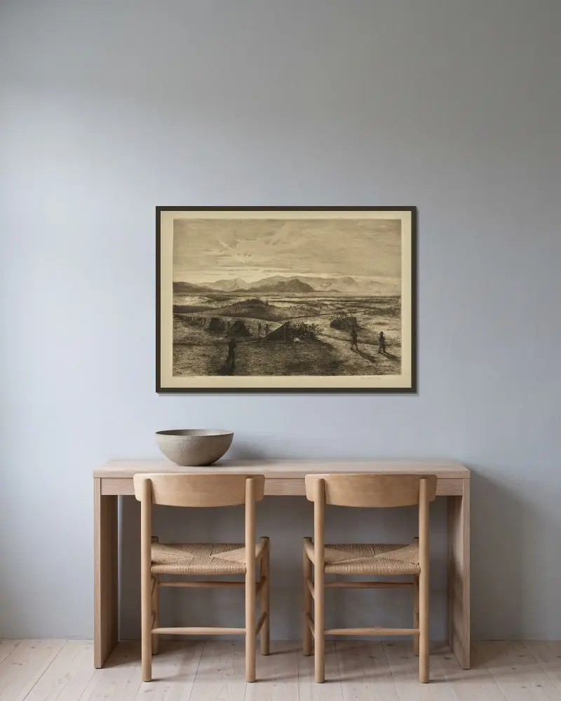 Die Vorpostenlinie von Edwin Forbes gerahmt an einer Wand