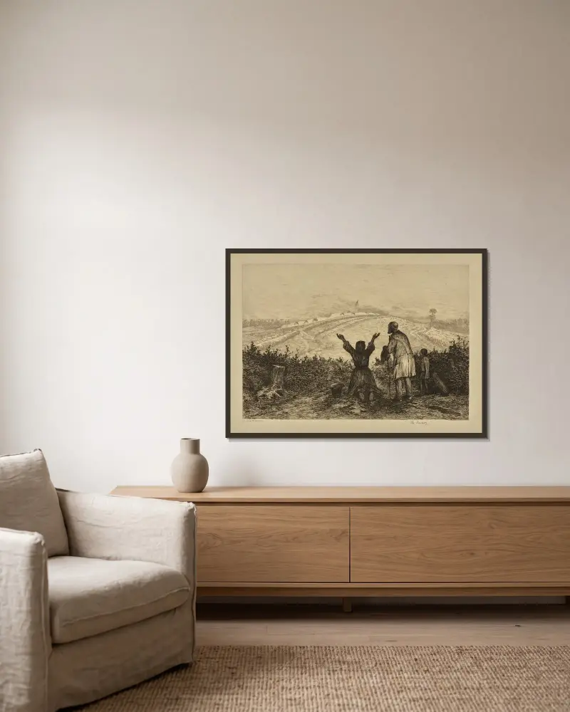 Die Zuflucht von Edwin Forbes gerahmt an einer Wand