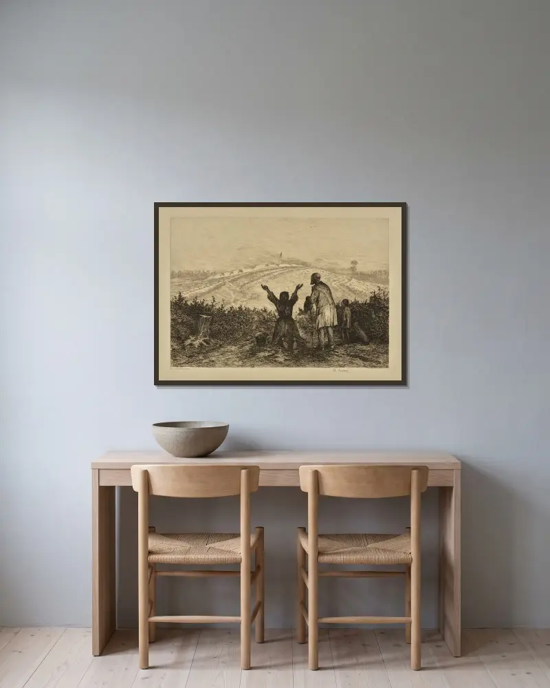 Die Zuflucht von Edwin Forbes gerahmt an einer Wand