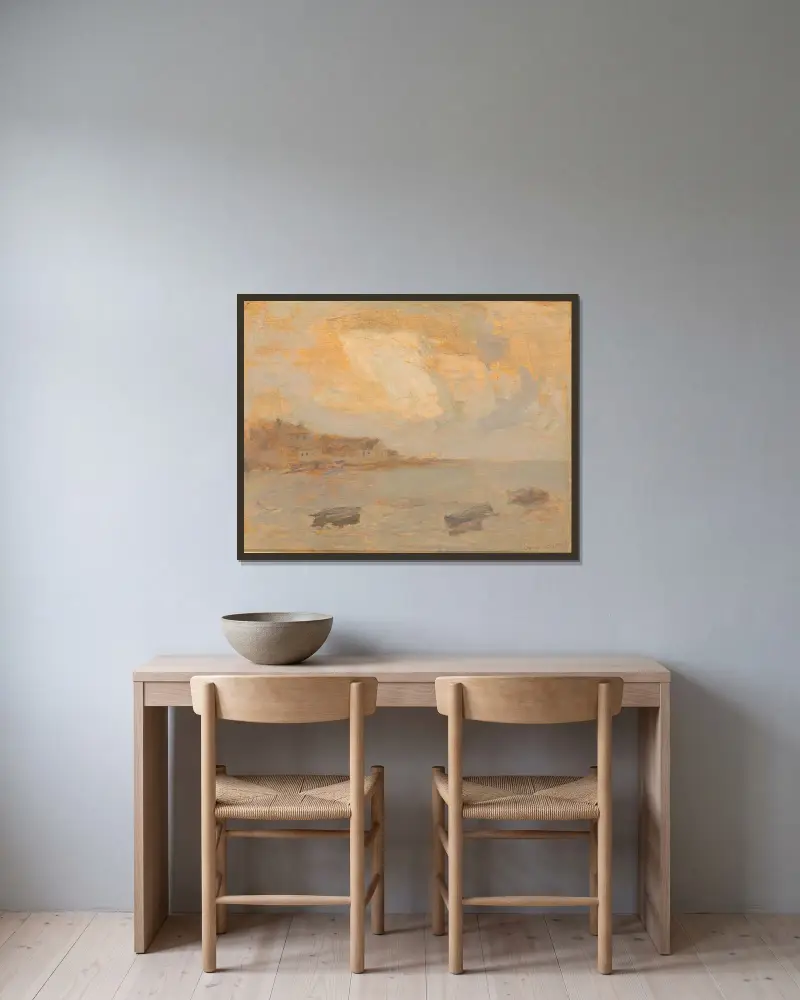 Marinmotiv av Frank Edwin Scott inramad på en vägg