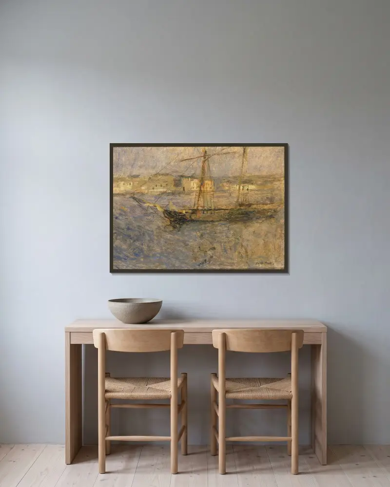 Fartyg till ankars, Cherbourg nr I av Frank Edwin Scott inramad på en vägg