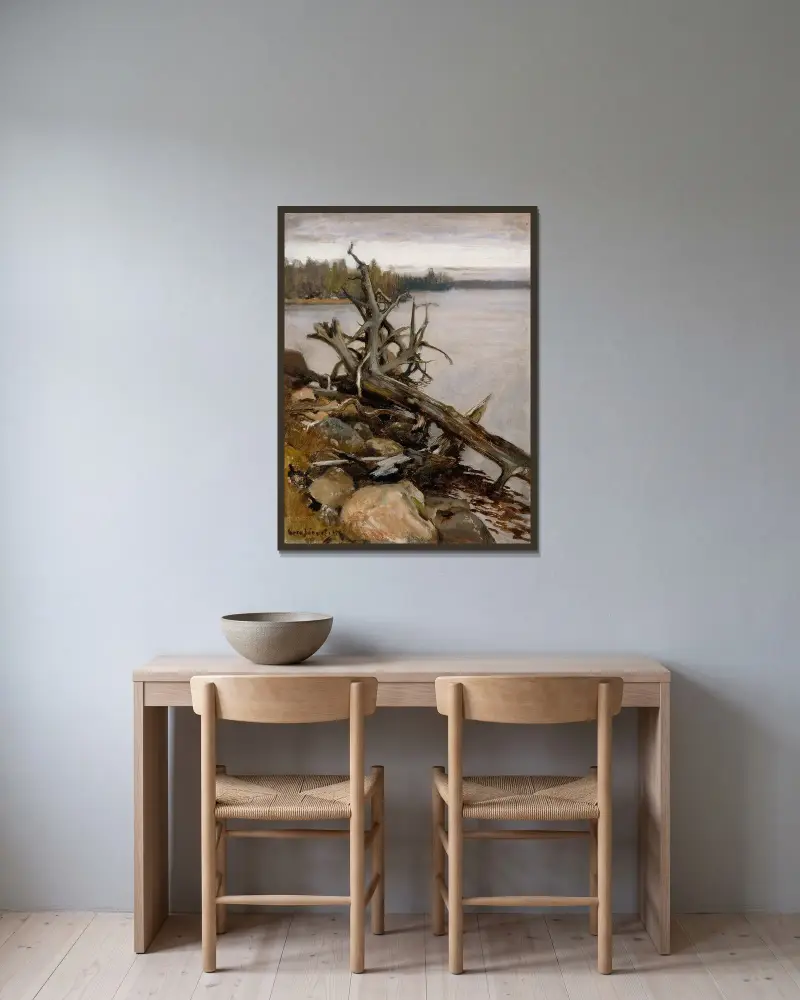 Död tall i vattnet av Eero Järnefelt inramad på en vägg