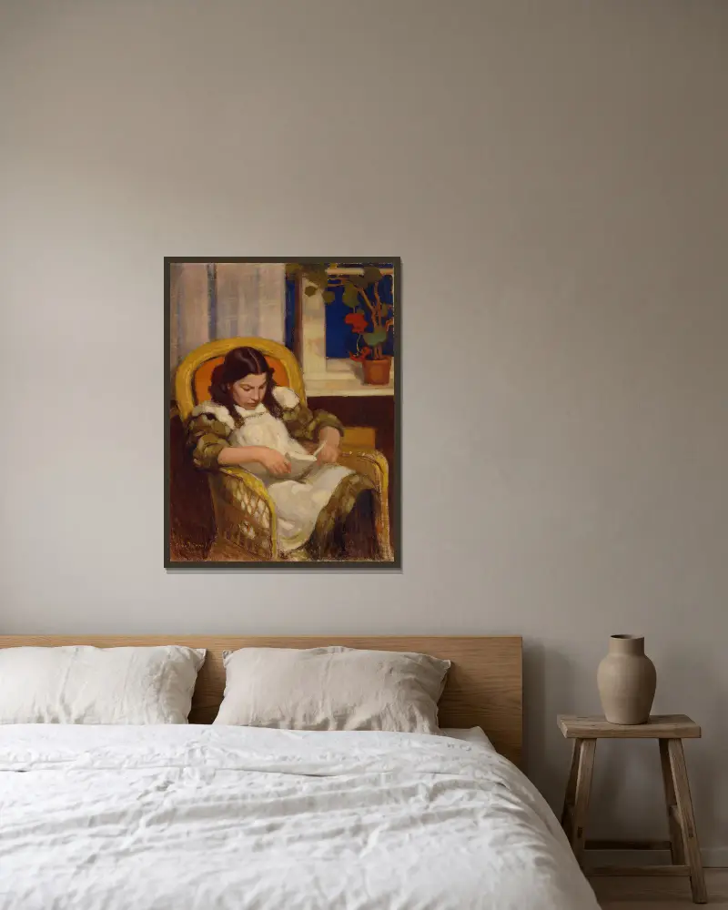 Girl Reading av Eero Järnefelt inramad på en vägg