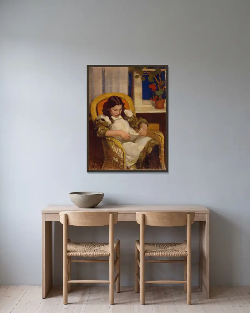 Girl Reading av Eero Järnefelt inramad på en vägg