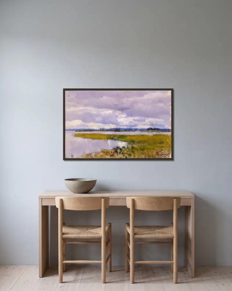Landskap av Eero Järnefelt inramad på en vägg
