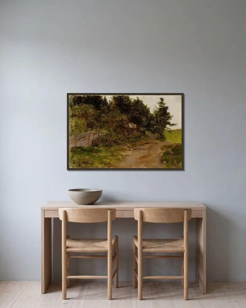 Skogsstig av Eero Järnefelt inramad på en vägg