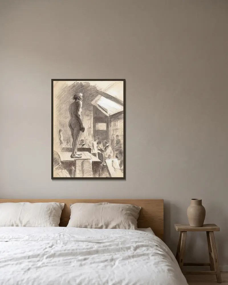 Från konstskolan, mansmodell i förgrunden av Eero Järnefelt inramad på en vägg