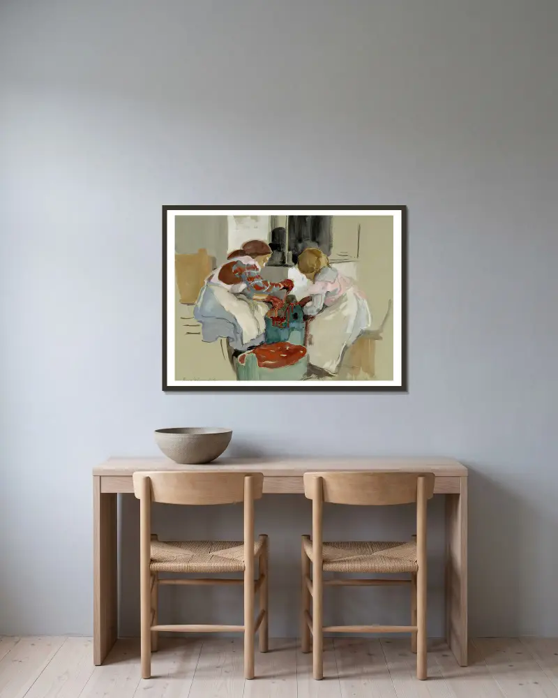 Two Girls Dyeing Fabric av Eero Järnefelt inramad på en vägg
