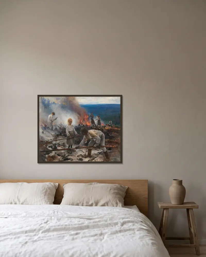 Under oket (Brännandet av ris) av Eero Järnefelt inramad på en vägg