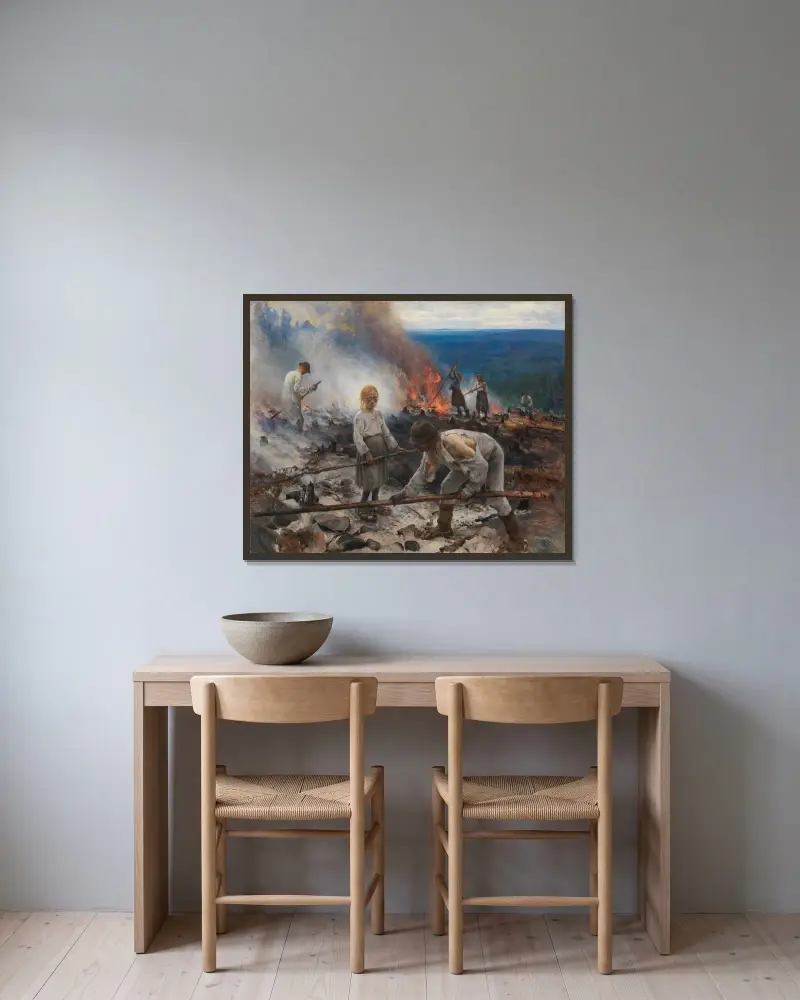 Under oket (Brännandet av ris) av Eero Järnefelt inramad på en vägg