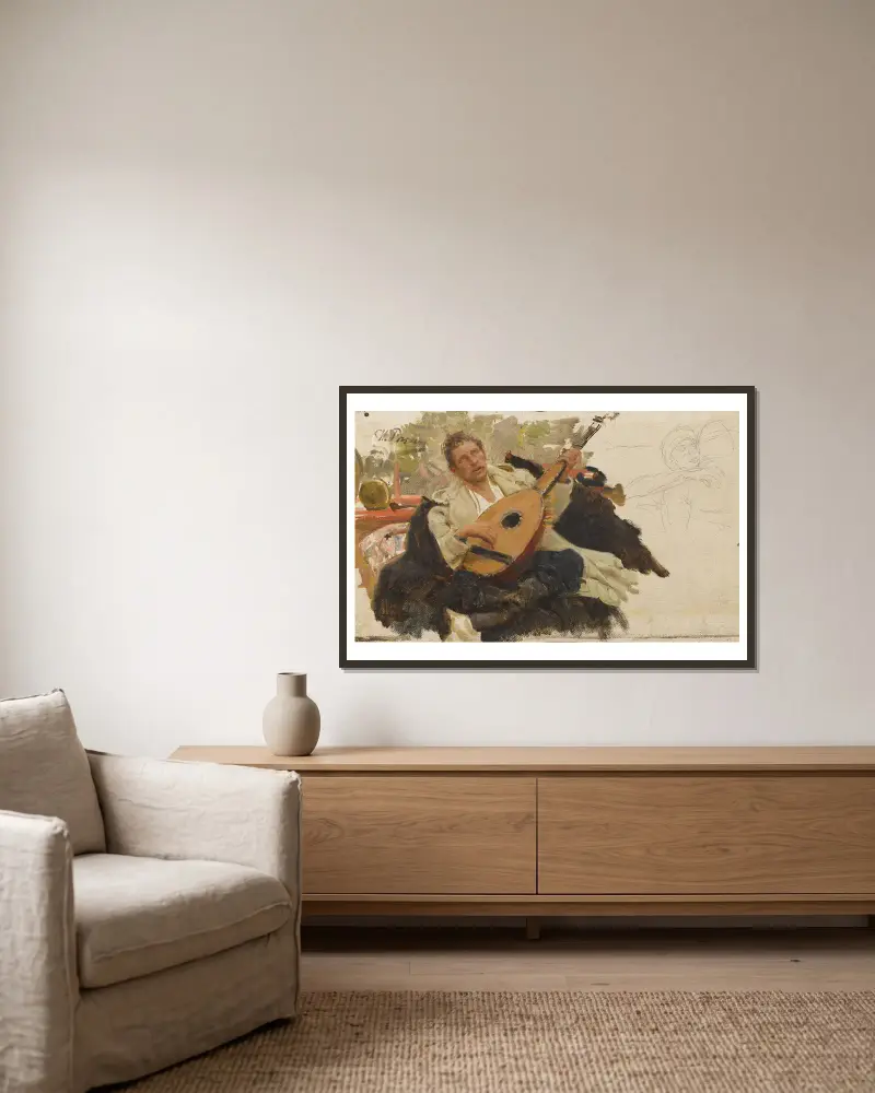 Der Musiker von Ilya Efimovich Repin gerahmt an einer Wand