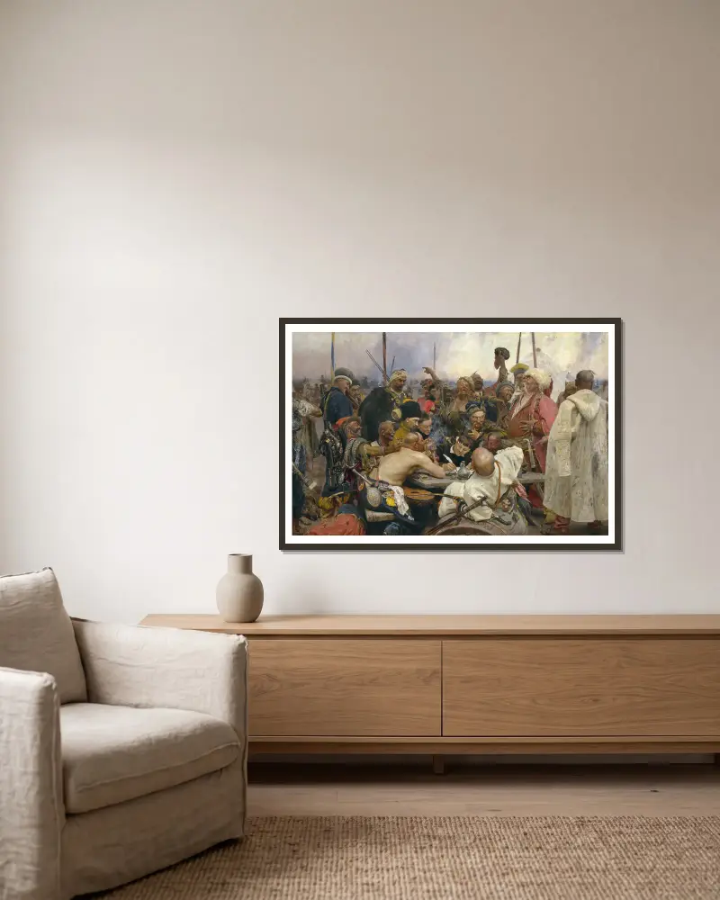 The Reply of the Zaporozhian Cossacks to Sultan Mehmet IV av Ilya Efimovich Repin inramad på en vägg