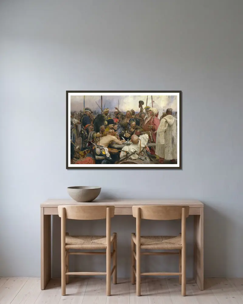 The Reply of the Zaporozhian Cossacks to Sultan Mehmet IV av Ilya Efimovich Repin inramad på en vägg