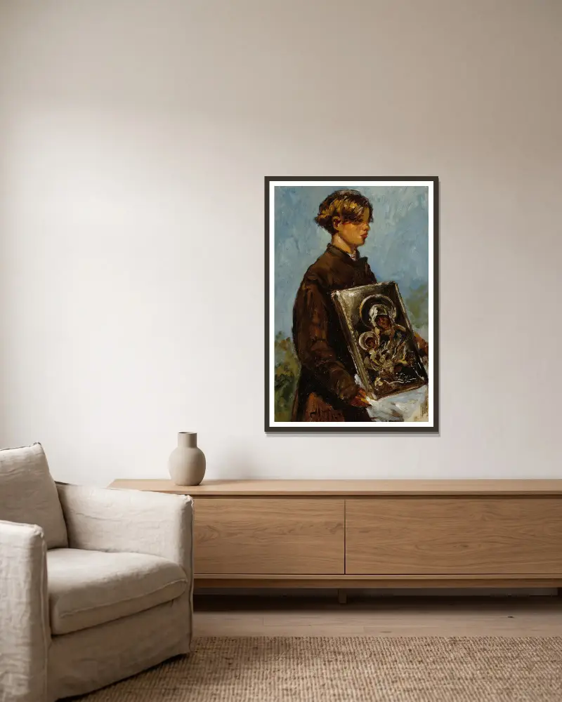 Young Boy Carrying An Icon, Sketch av Ilya Efimovich Repin inramad på en vägg