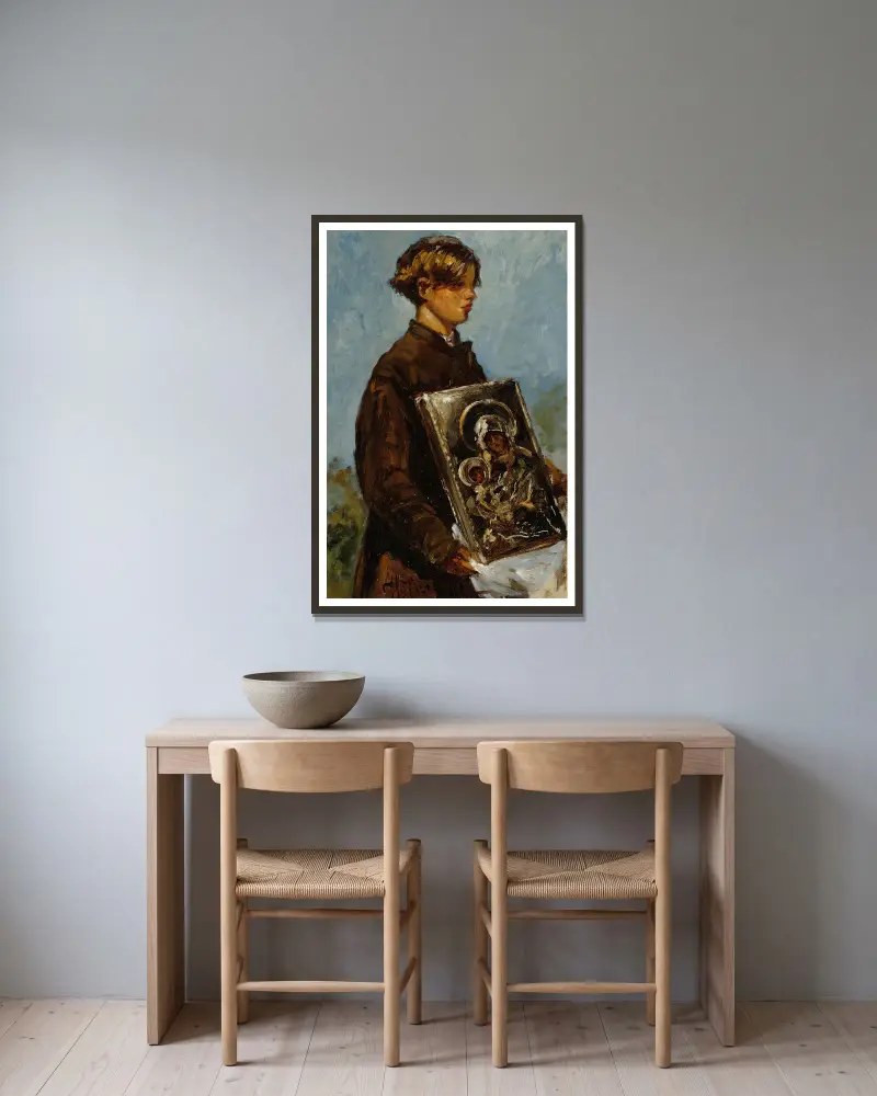 Young Boy Carrying An Icon, Sketch av Ilya Efimovich Repin inramad på en vägg