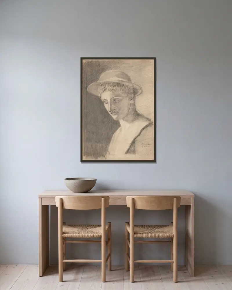 Akademische Porträtbüste av Egon Schiele inramad på en vägg