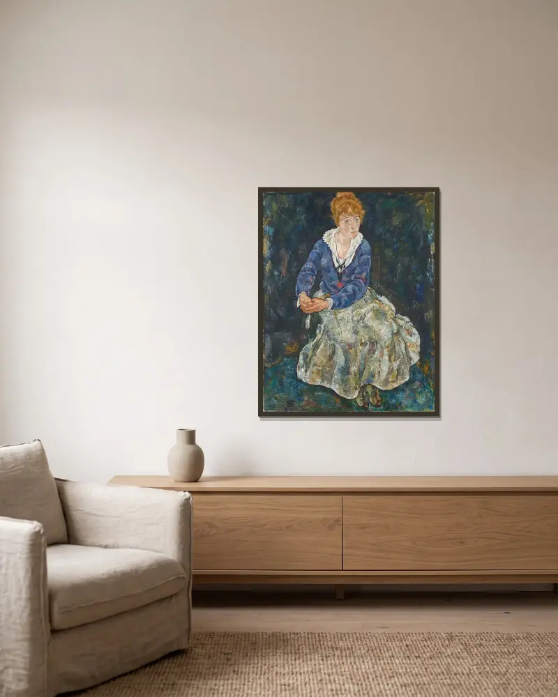 Bildnis der Frau des Künstlers, Edith Schiele av Egon Schiele inramad på en vägg