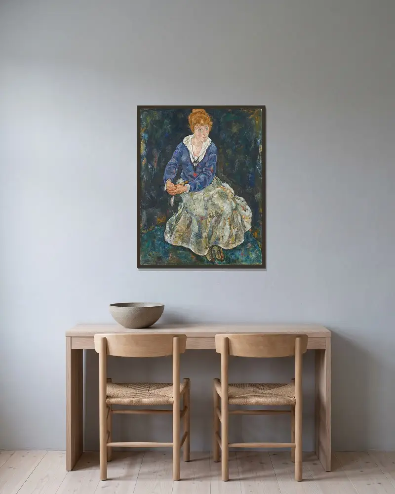 Bildnis der Frau des Künstlers, Edith Schiele av Egon Schiele inramad på en vägg