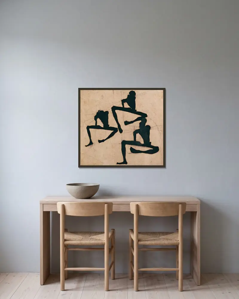 Composition with Three Male Nudes av Egon Schiele inramad på en vägg