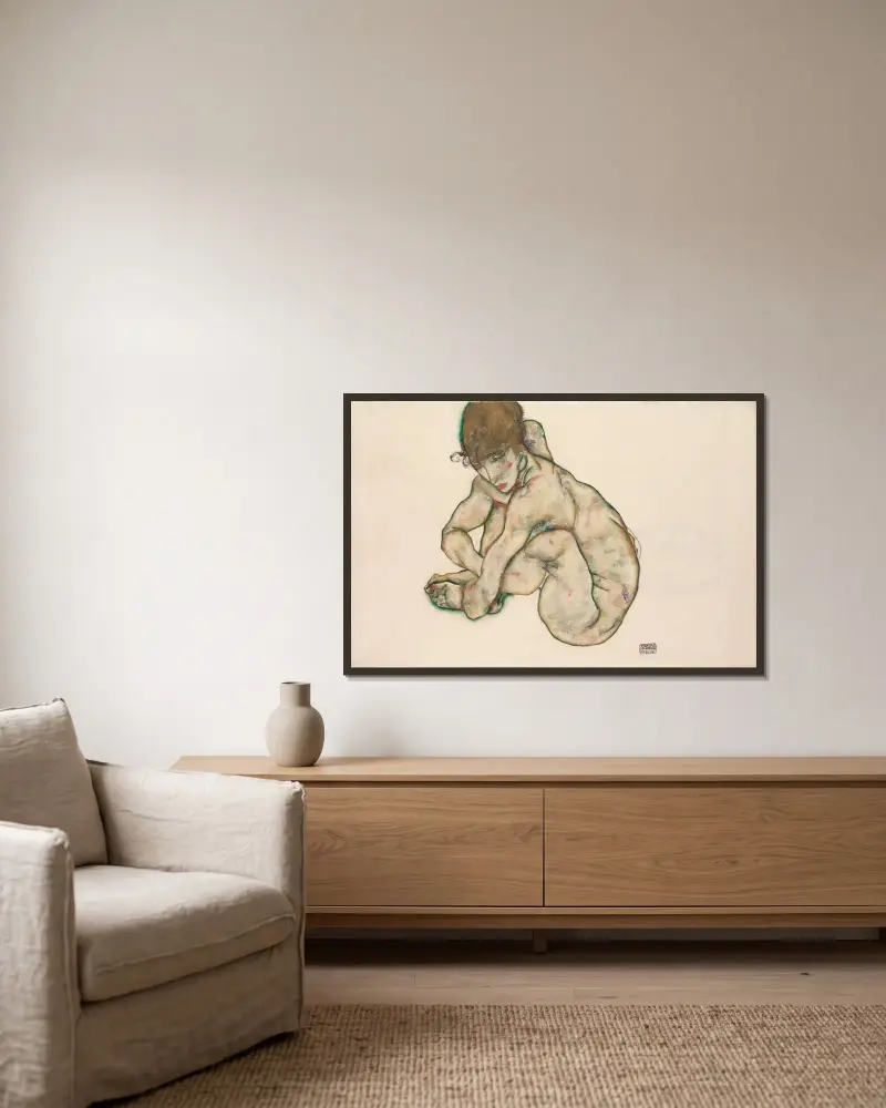 Skulona naga dziewczyna, Egon Schiele w ramie na ścianie