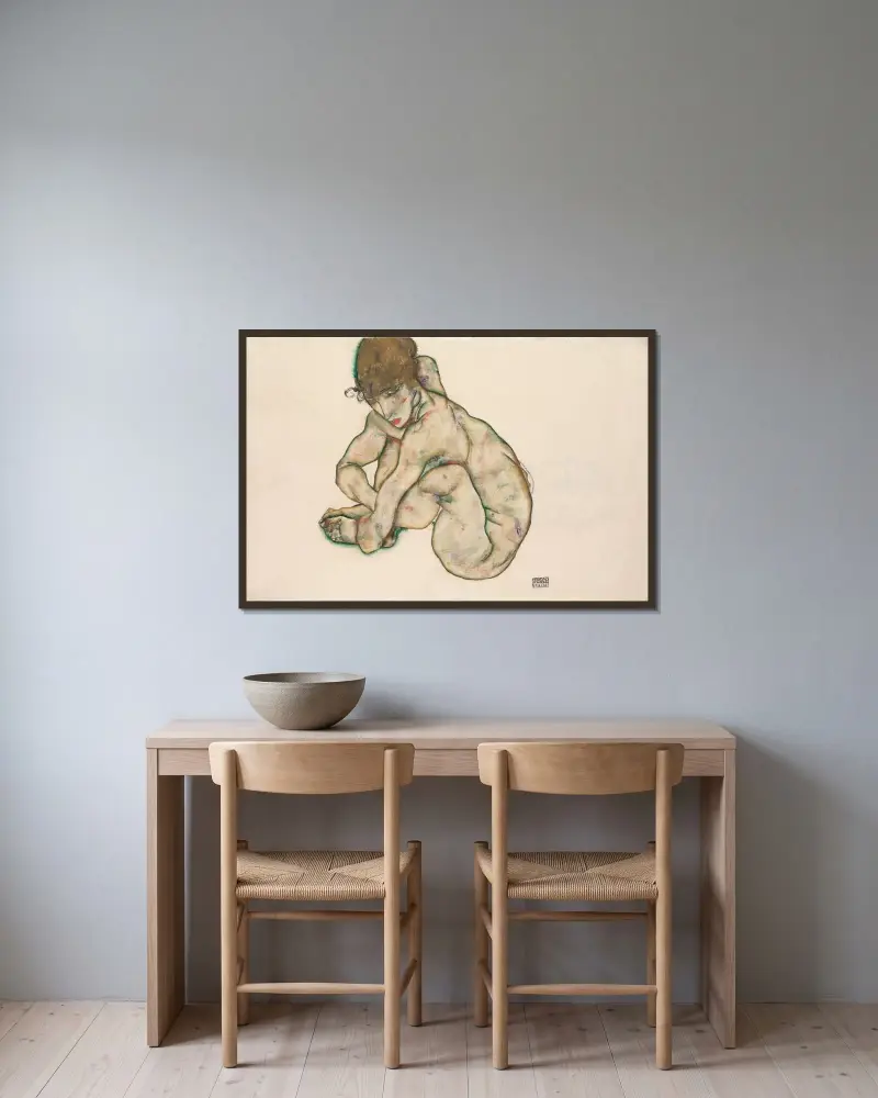 Skulona naga dziewczyna, Egon Schiele w ramie na ścianie