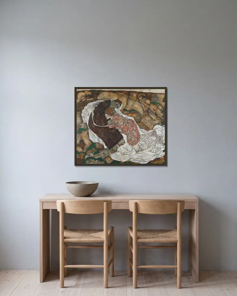 Death and girl av Egon Schiele inramad på en vägg